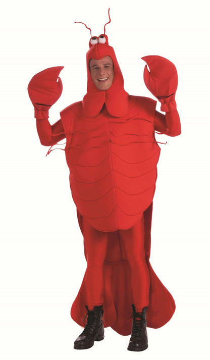 Red crab mascot costume with hood, molded shell, claw arms, and black boot covers
