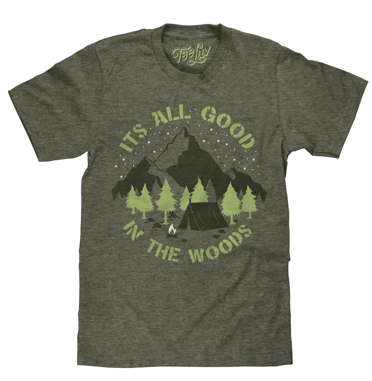 Green crew-neck T-shirt with 'All Good in the Woods' forest graphic