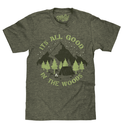 Green crew-neck T-shirt with 'All Good in the Woods' forest graphic