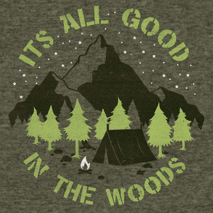 Green crew-neck T-shirt close-up with lime forest, tent, and campfire graphic