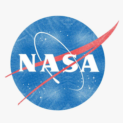 Close-up of distressed NASA logo print on blue circle