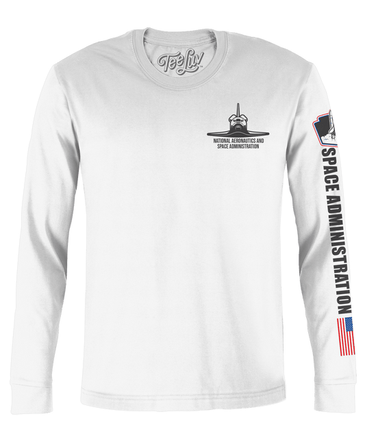 White long-sleeve crewneck T-shirt with small NASA shuttle front graphic