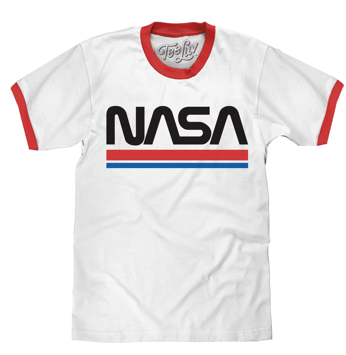 White cotton ringer T-shirt with red trim and NASA Worm logo graphic