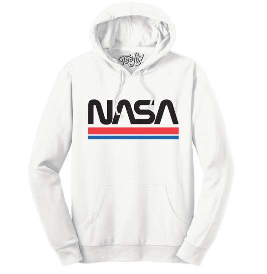 White NASA graphic pullover hoodie with front kangaroo pocket and drawstring hood