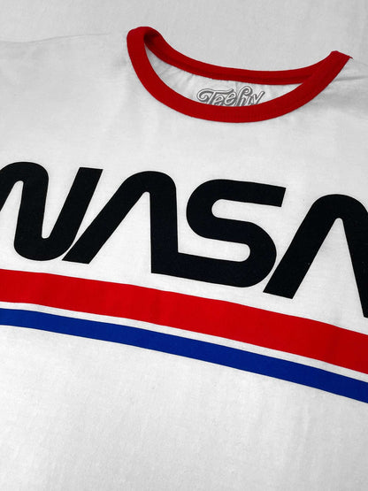 White ringer T-shirt close-up with red collar and large NASA Worm graphic