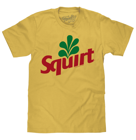 Banana yellow graphic T-shirt with red Squirt logo and green sprout design