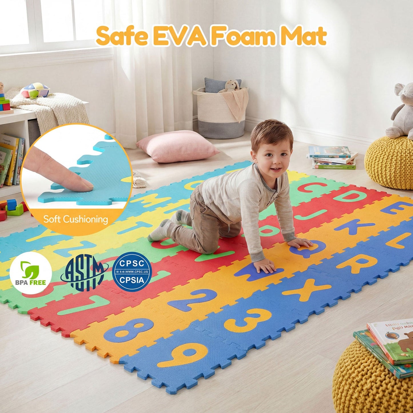 36-Piece Interlocking Foam Floor Tiles | Alphabet & Numbers | 0.4" EVA Foam | Waterproof | ASTM/CPSIA