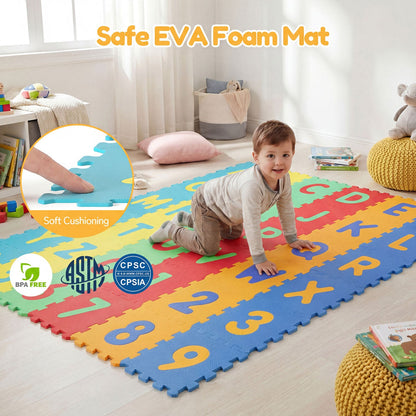 36-Piece Interlocking Foam Floor Tiles | Alphabet & Numbers | 0.4" EVA Foam | Waterproof | ASTM/CPSIA