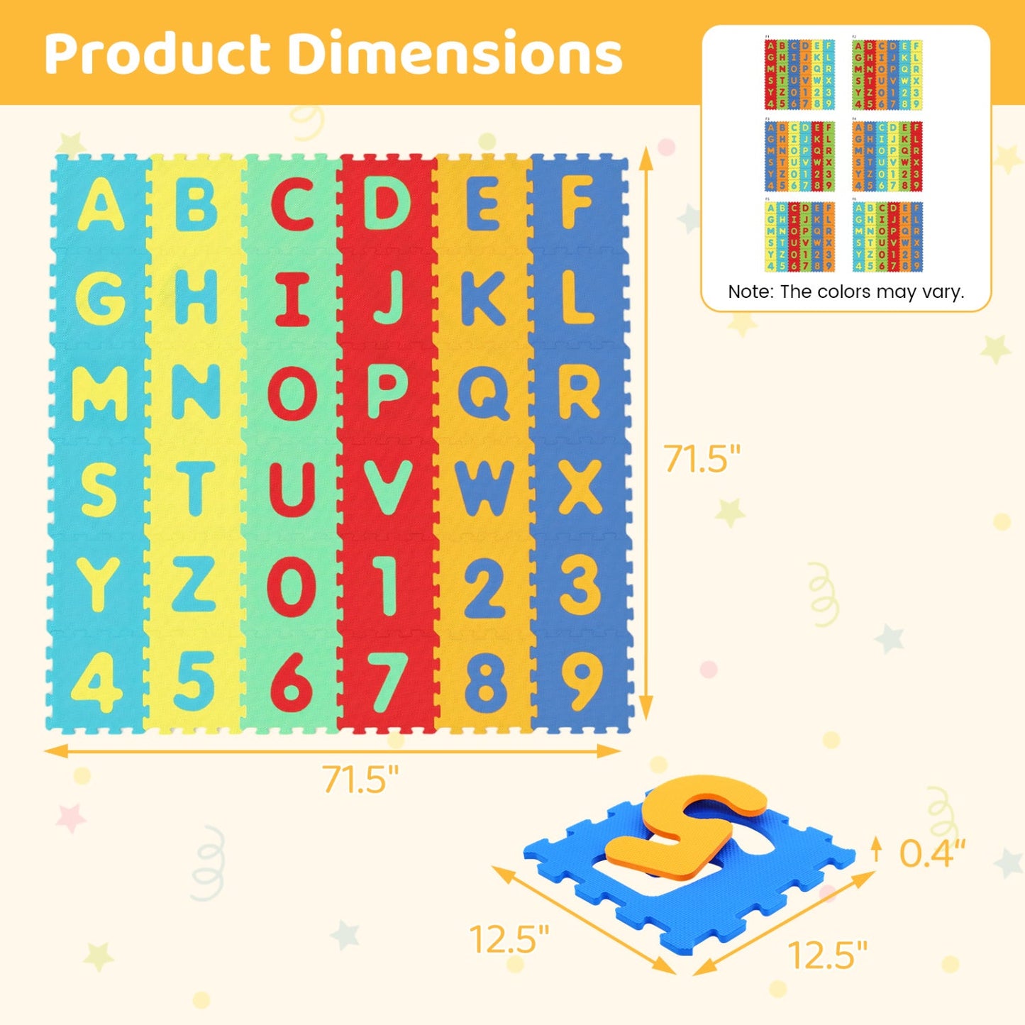 36-Piece Interlocking Foam Floor Tiles | Alphabet & Numbers | 0.4" EVA Foam | Waterproof | ASTM/CPSIA