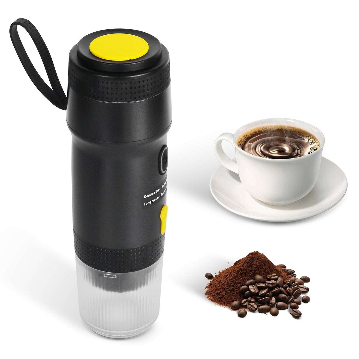 Cordless portable espresso maker, black body with yellow button and carry strap.