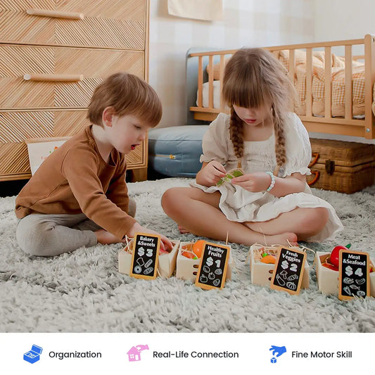 Wooden pretend food boxes with price tags, including fruit, veggies, seafood, and bakery