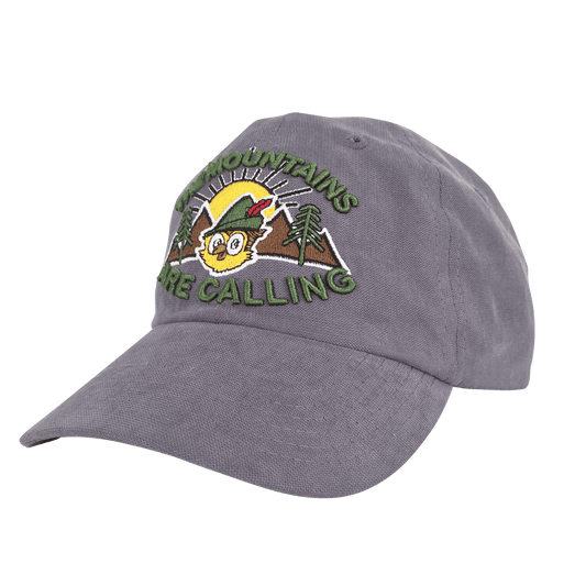 Gray baseball cap with embroidered mountain owl graphic and Mountains Are Calling text