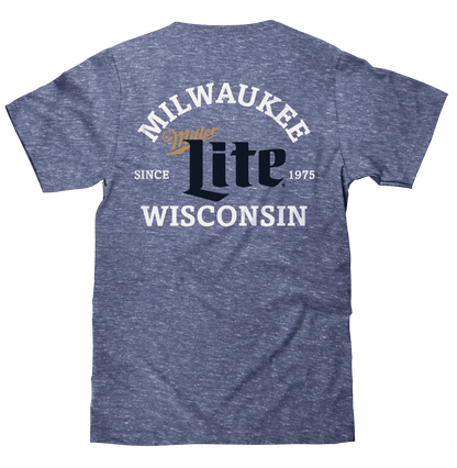 Heather blue short-sleeve crewneck T-shirt with Milwaukee Wisconsin Miller Lite back print
