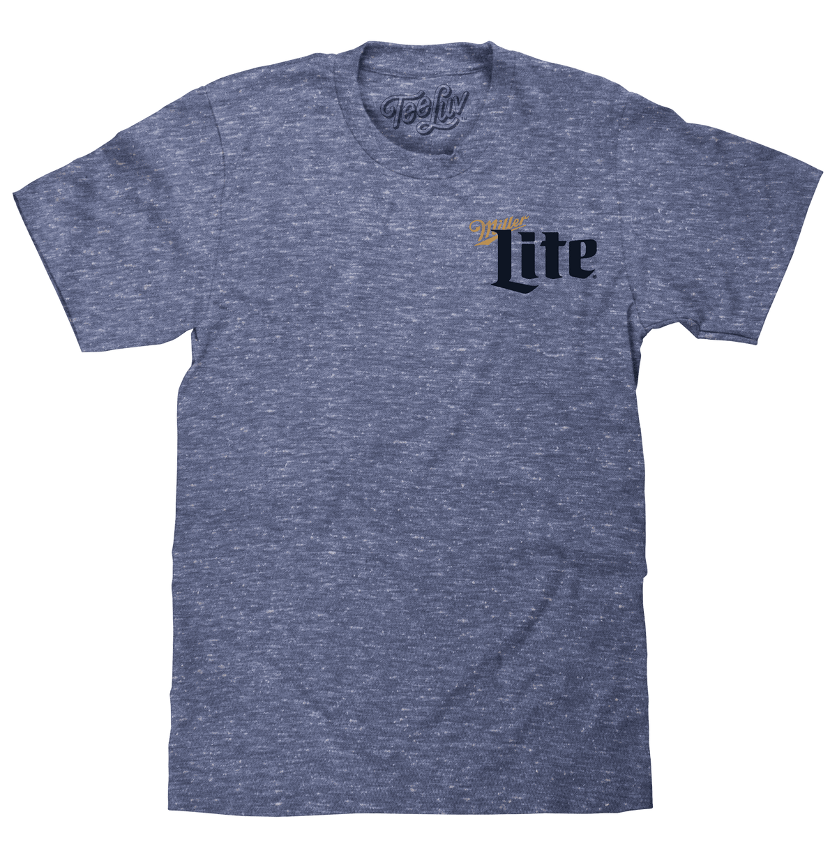 Heather blue short-sleeve crewneck T-shirt with Miller Lite logo on front