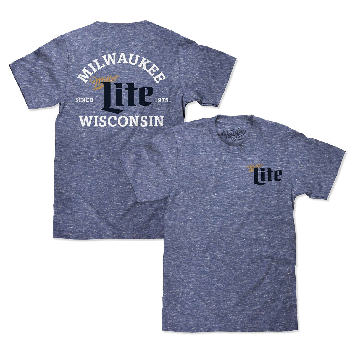 Heather blue short-sleeve crewneck T-shirt shown front and back with Miller Lite prints