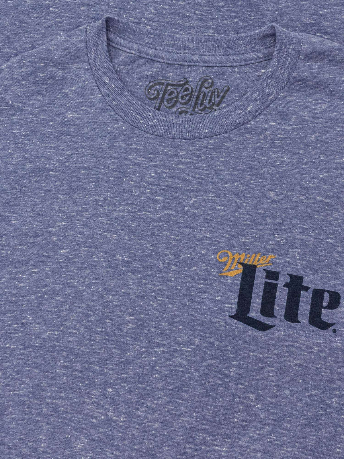 Heather blue short-sleeve crewneck T-shirt close-up of Miller Lite front logo