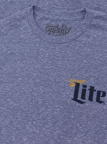 Heather blue short-sleeve crewneck T-shirt close-up of Miller Lite front logo