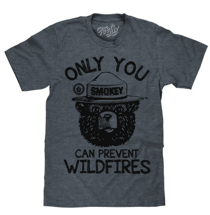 Indigo heather graphic tee with 'Only You' bear wildfire slogan on front