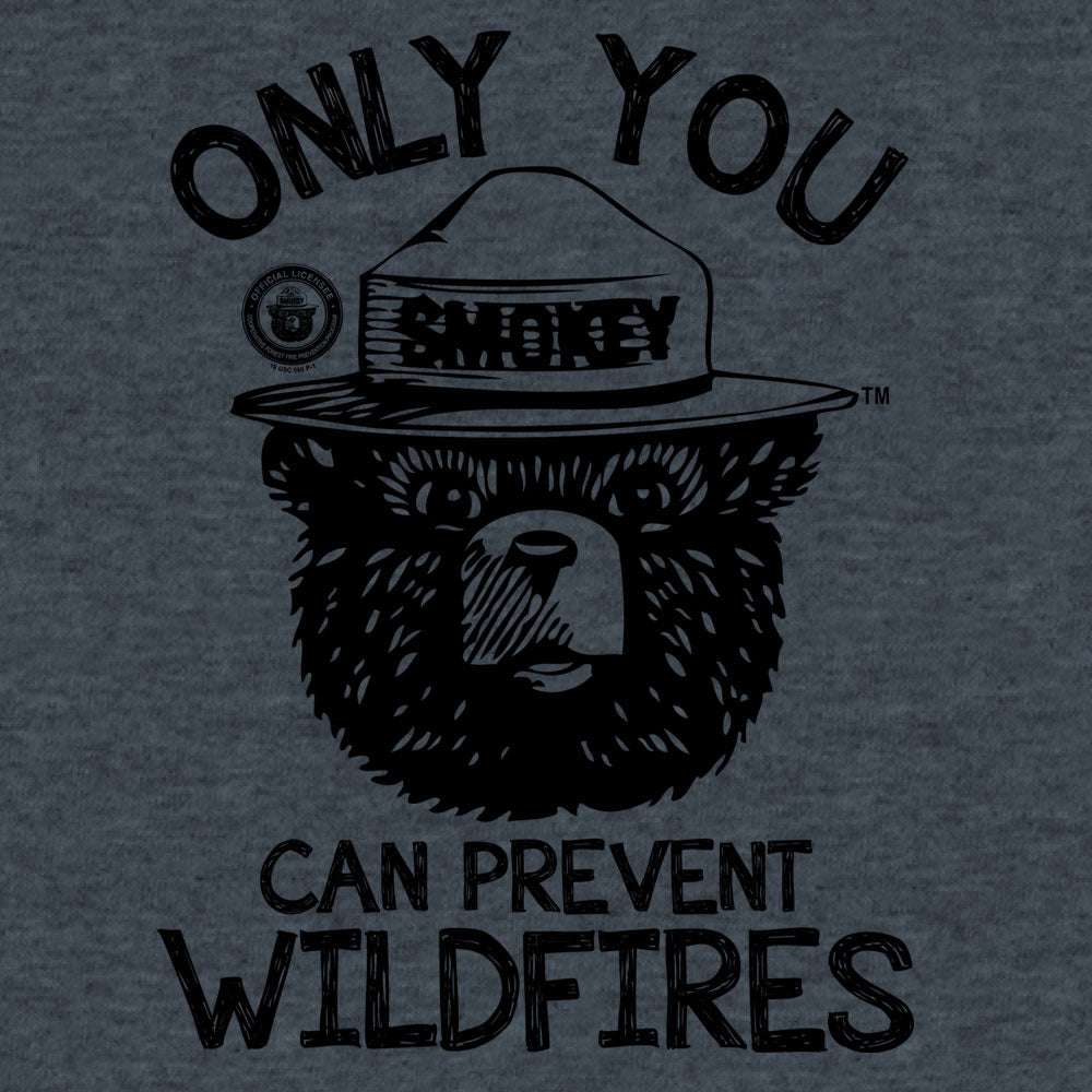 Indigo heather tee close-up of bear graphic and 'Can Prevent Wildfires' text