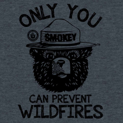 Indigo heather tee close-up of bear graphic and 'Can Prevent Wildfires' text