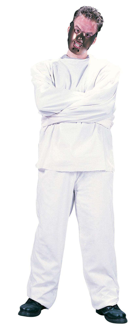 White adult straight-jacket costume suit with arm cuffs and matching pants