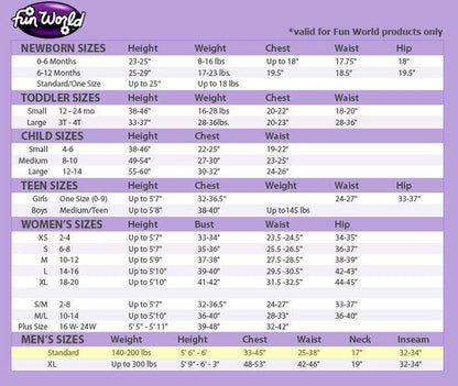 Fun World size chart table with height, weight, and measurements by age