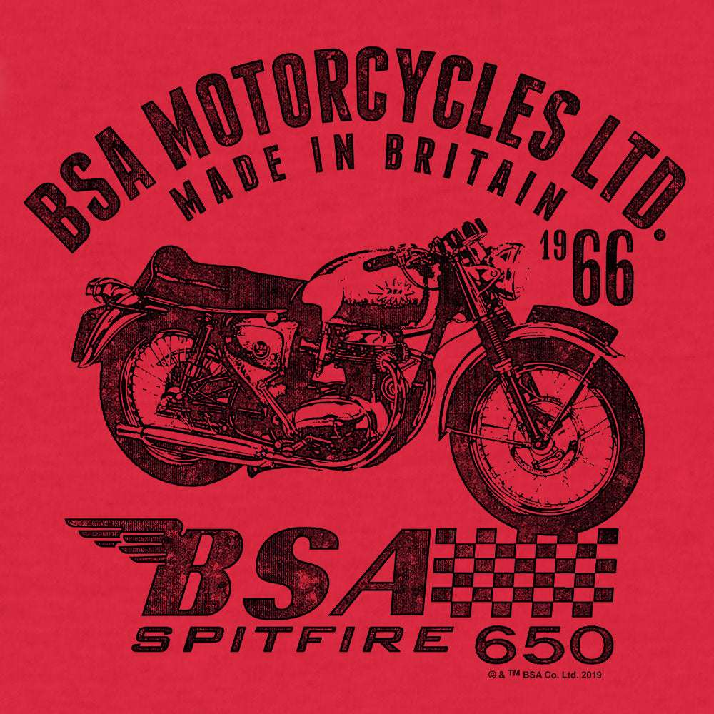 Red heather graphic t-shirt close-up of BSA Spitfire 650 motorcycle artwork