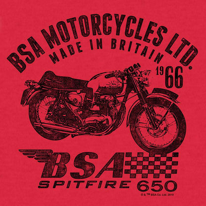 Red heather graphic t-shirt close-up of BSA Spitfire 650 motorcycle artwork