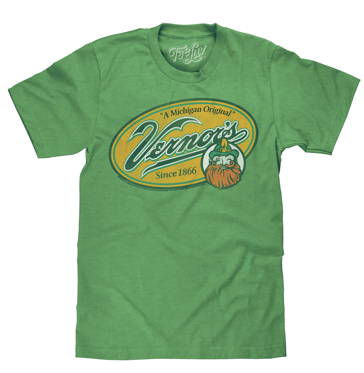 Green T-shirt with oval Vernor's logo graphic on chest