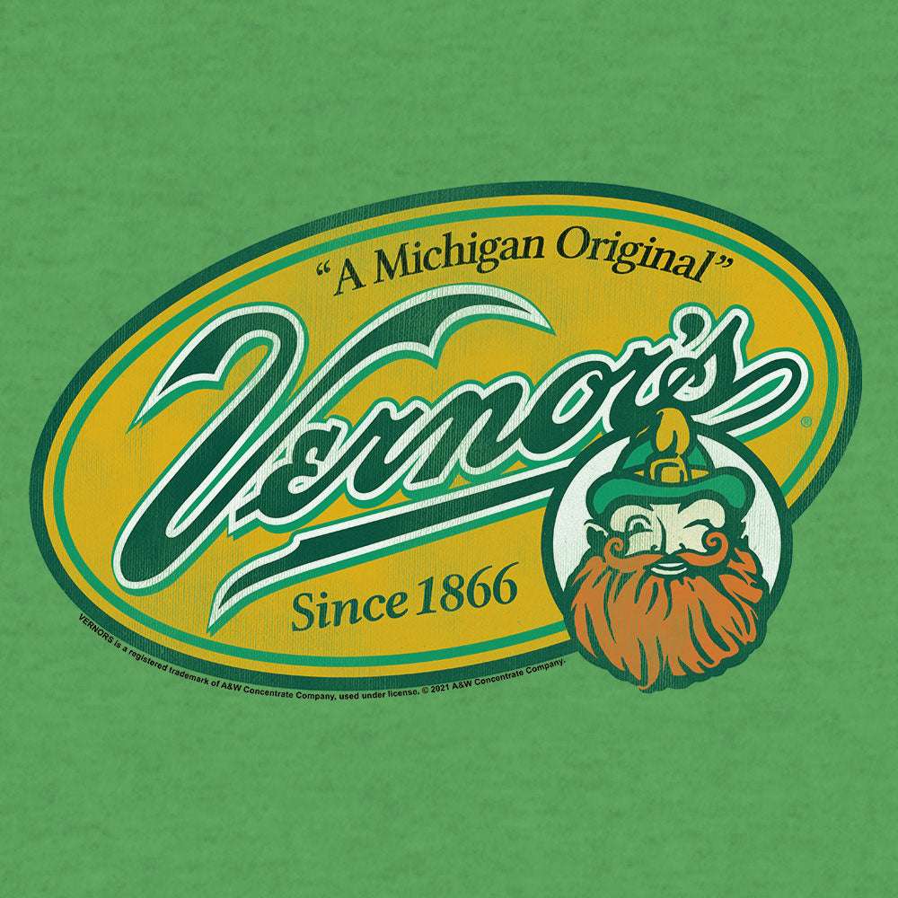 Green T-shirt close-up of Vernor's oval logo with Since 1866 text