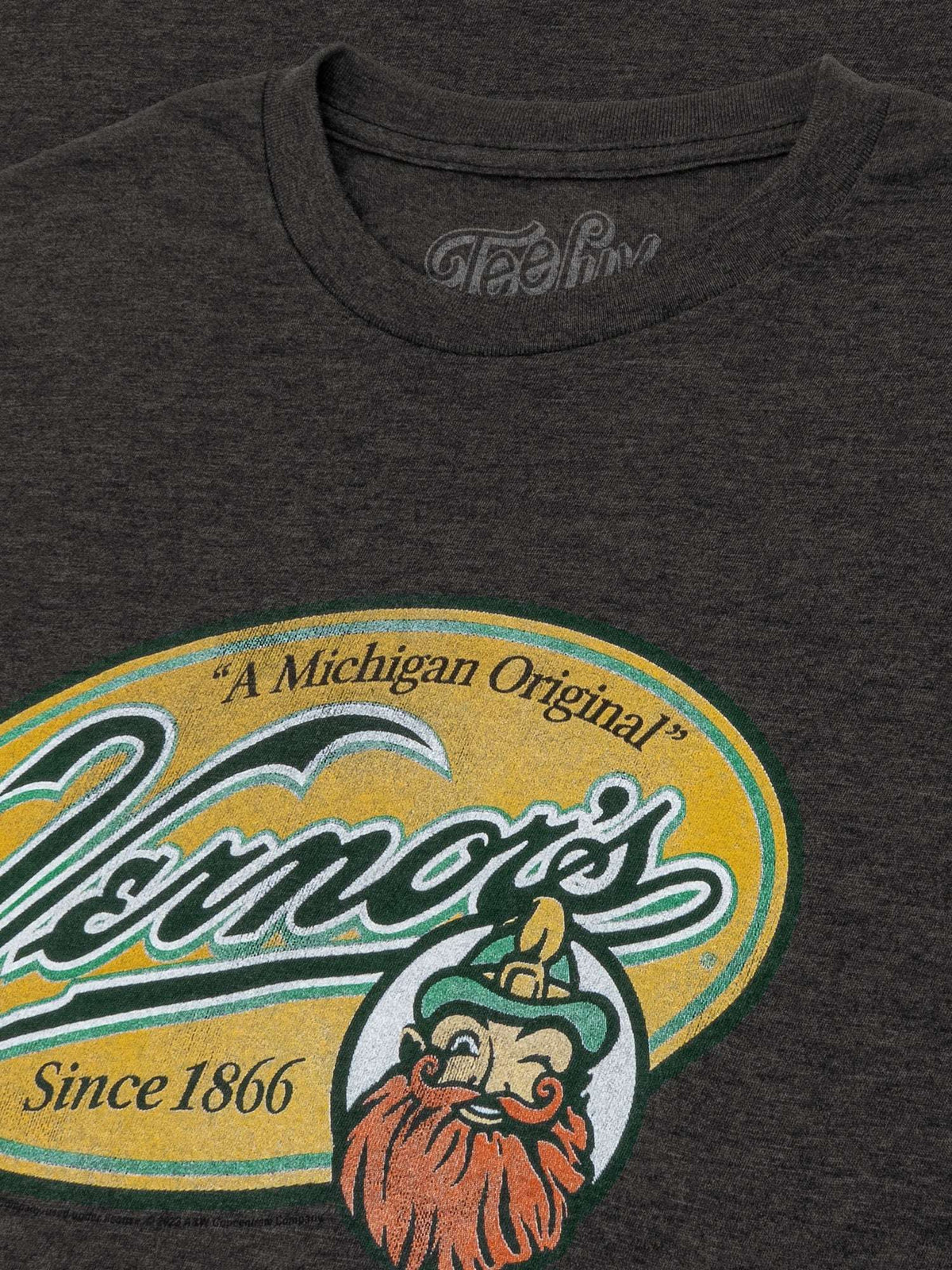Gray crew-neck T-shirt chest logo close-up with Vernor's oval graphic