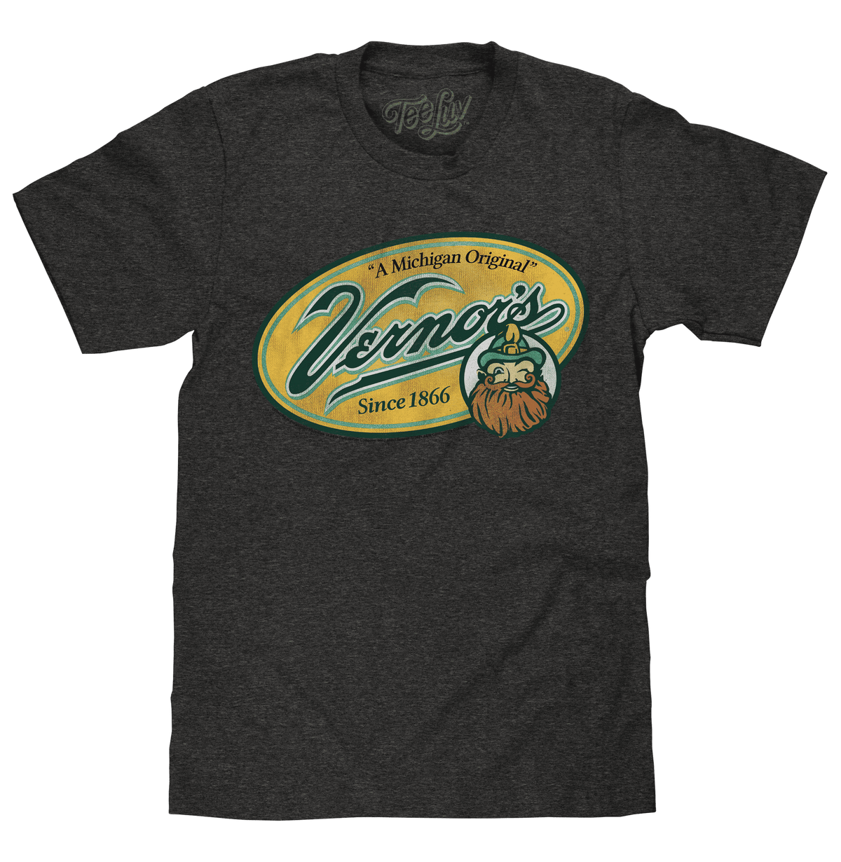 Gray crew-neck T-shirt with Vernor's oval chest logo graphic
