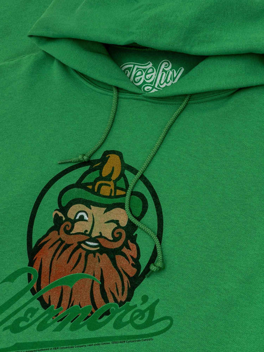 Kelly green pullover hoodie with large gnome graphic on front