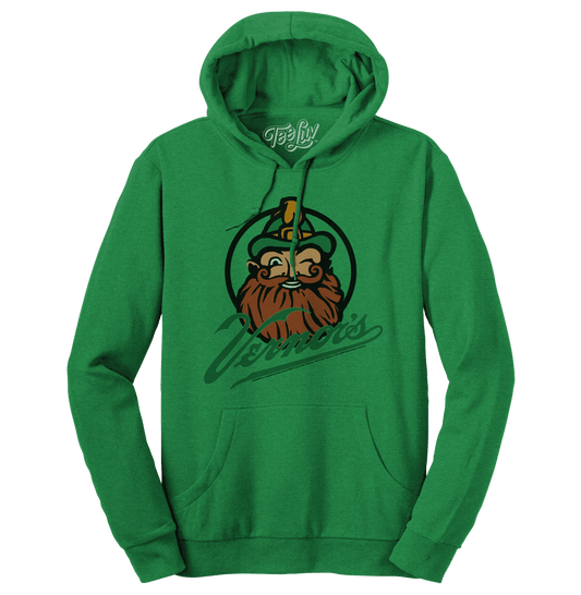 Kelly green pullover hoodie with front gnome graphic and kangaroo pocket