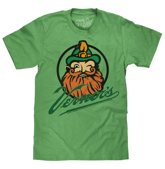 Kelly green heather t-shirt with gnome logo graphic on front