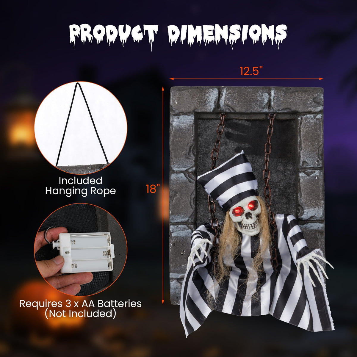 18-Inch Animated Hanging Skull Prisoner Halloween Decoration