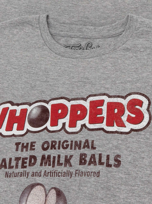 Heather gray T-shirt close-up of Whoppers logo and “The Original Malted Milk Balls” text