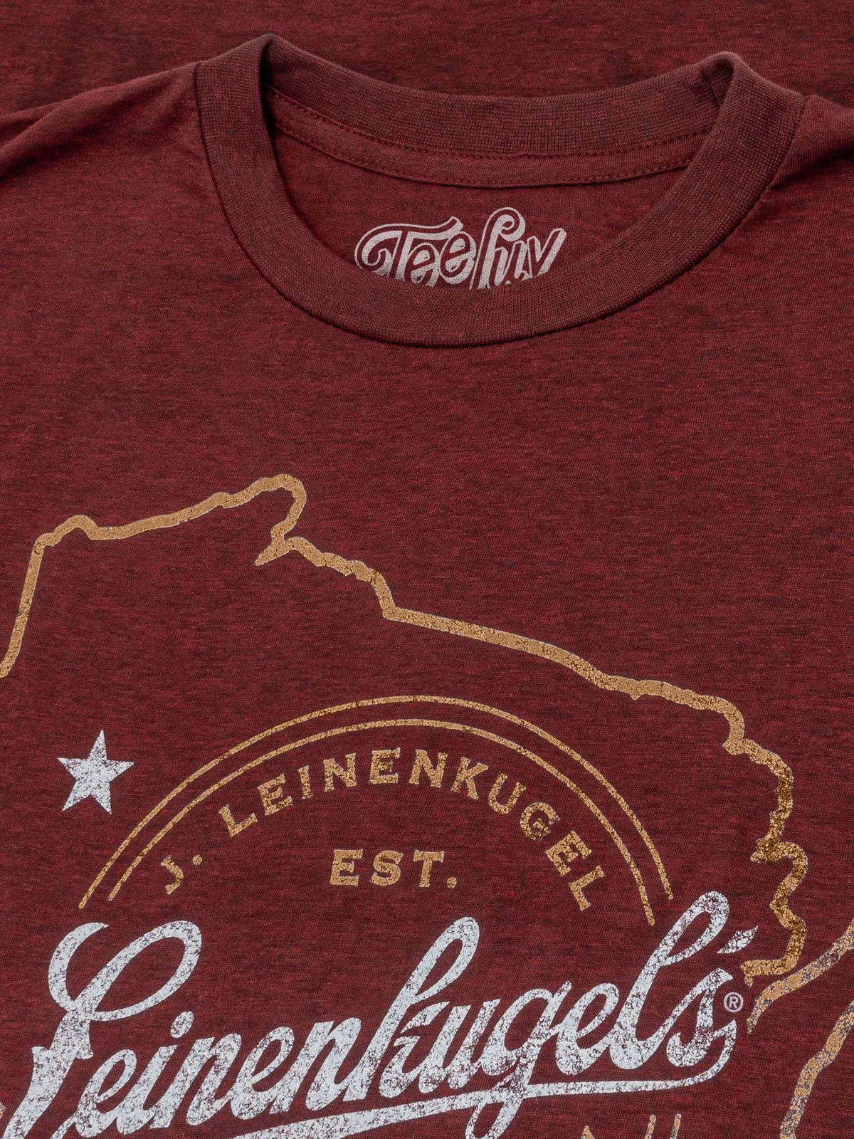 Men's heather T-shirt neckline and Leinenkugel's Wisconsin logo print