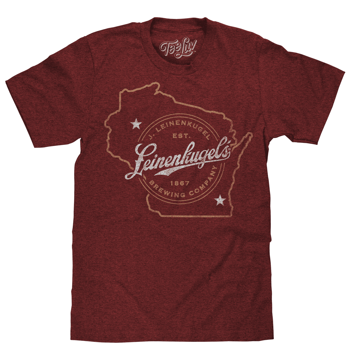 Men's brick-red heather T-shirt with Leinenkugel's Wisconsin graphic