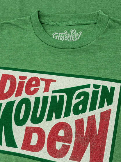 Kelly green heather T-shirt neckline and Diet Mountain Dew logo graphic