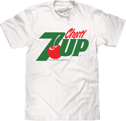 White T-shirt with Cherry 7UP front graphic and TeeLuv neck print