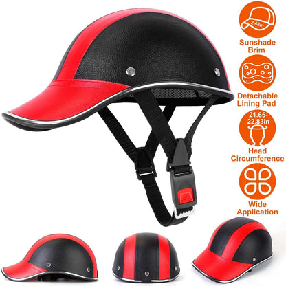 Two-tone bike helmet with wide visor brim, black chin straps and buckle