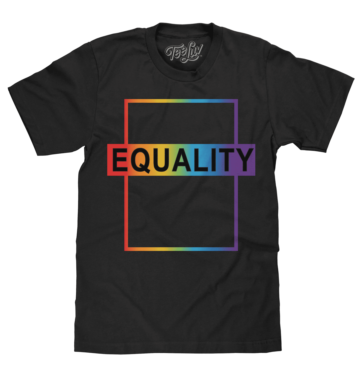 Black cotton T-shirt with Equality rainbow graphic panel on the front