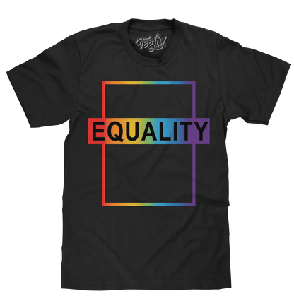 Black cotton T-shirt with Equality rainbow graphic panel on the front