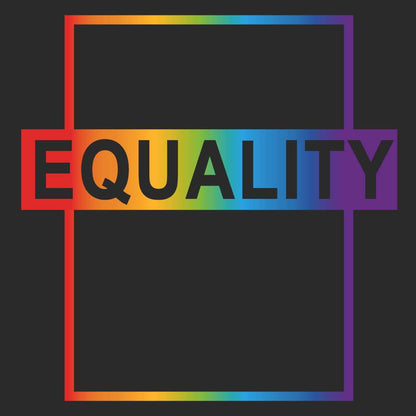 Black T-shirt graphic close-up: rainbow “EQUALITY” in multicolor outline box