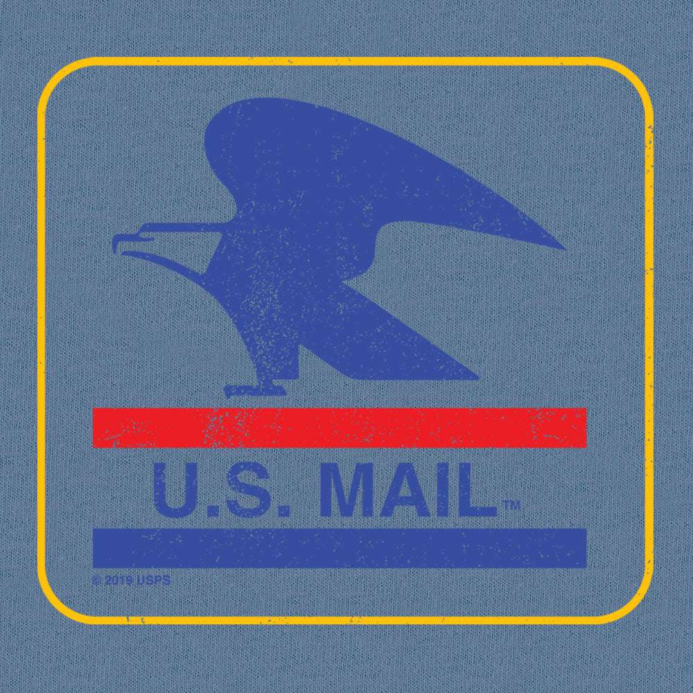 Blue jean T-shirt front graphic close-up: blue eagle over U.S. Mail text