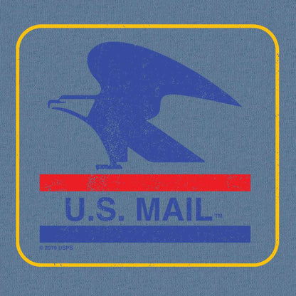 Blue jean T-shirt front graphic close-up: blue eagle over U.S. Mail text
