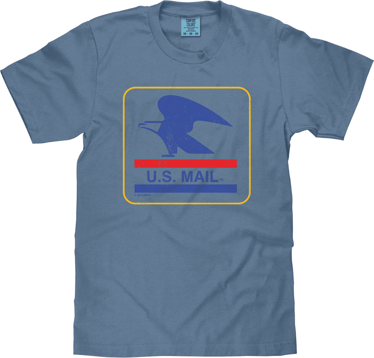 Blue jean crewneck T-shirt with U.S. Mail eagle graphic on front
