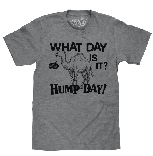 Graphite heather T-shirt with camel graphic and “Hump Day” text on the front