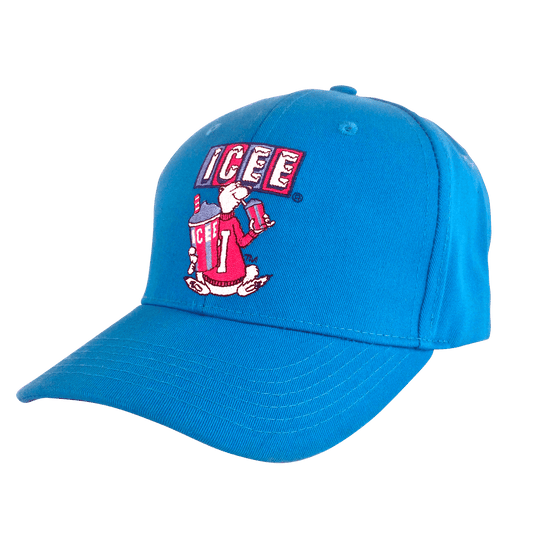 Cerulean blue baseball cap with embroidered ICEE polar bear logo